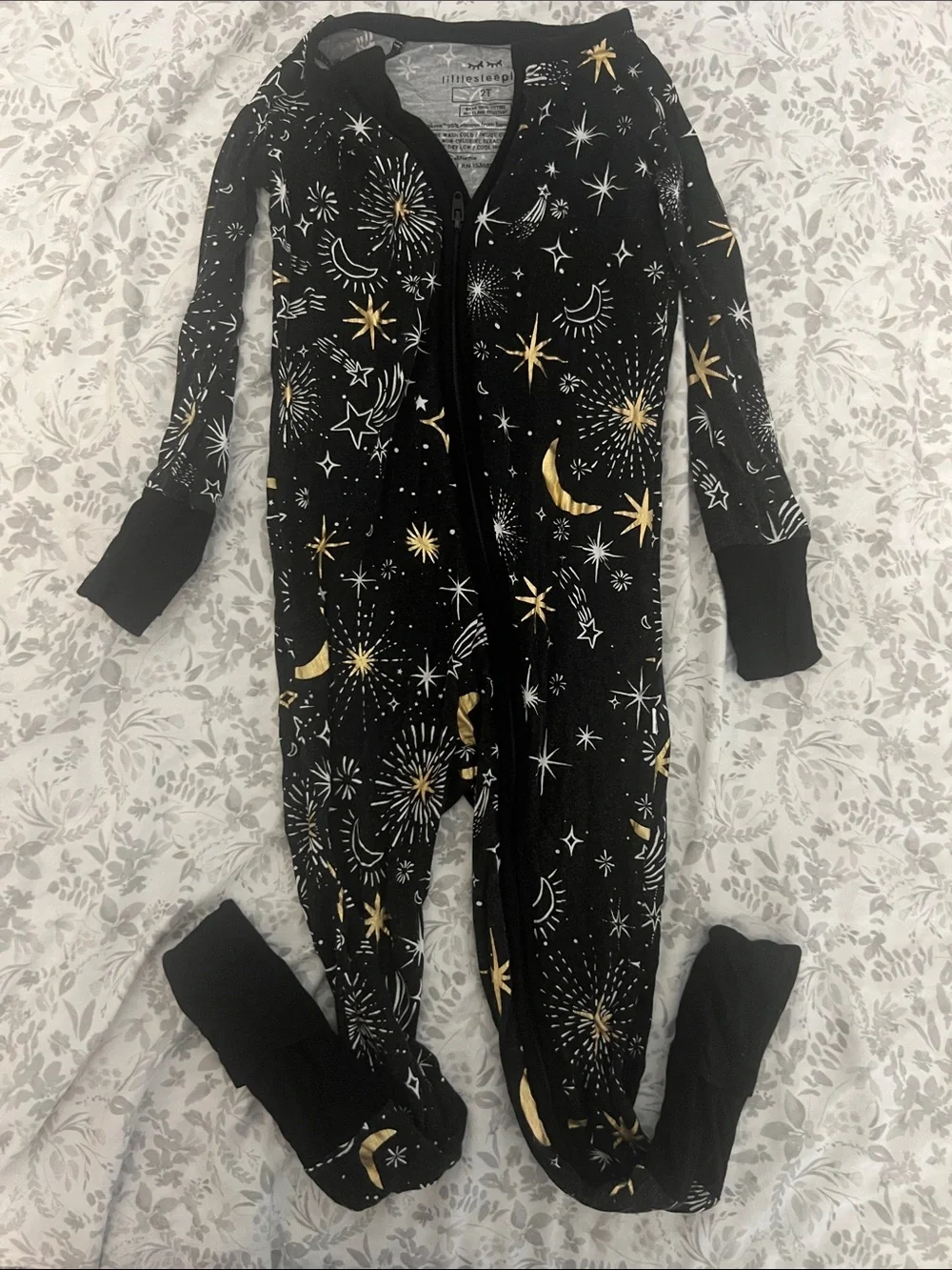 Little Sleepies Black Footed One-Piece Pajamas with Gold & White Celestial Print